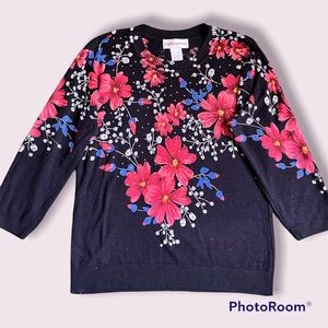 Cathy Daniels navy blue and floral embellished withrhinestones pull over sweater